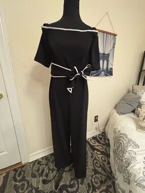 Adrianna Papell Black Jumpsuit with White Trim and Bow Belt